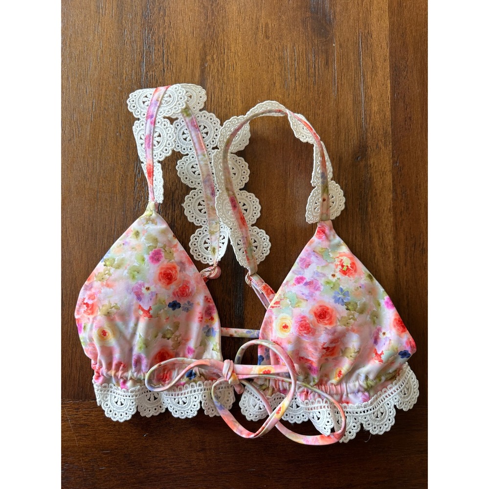 Strawberry Milk Mob Floral Crochet Lace Trim Triangle Bikini Top Pink Small